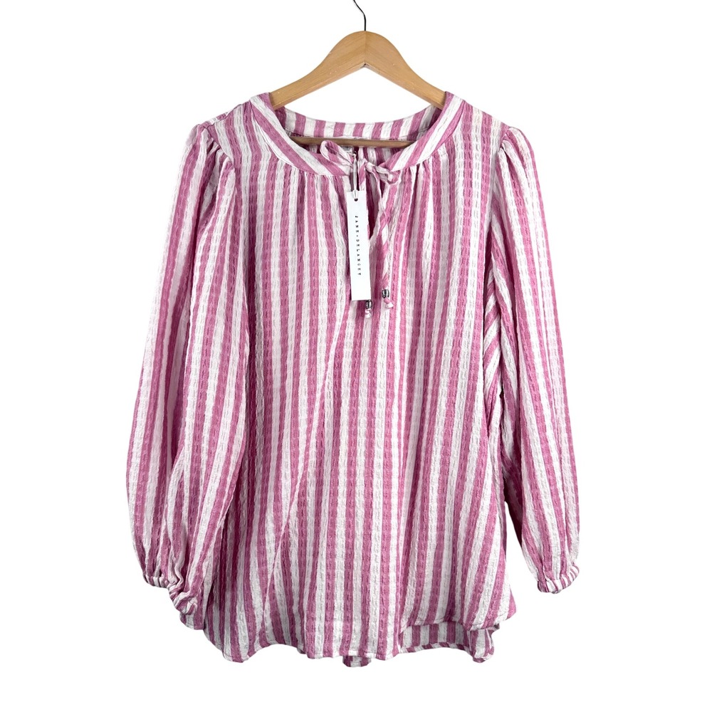 Jane + Delancey Blouse sz 1X Pink Striped balloon Sleeves striped Seersucker